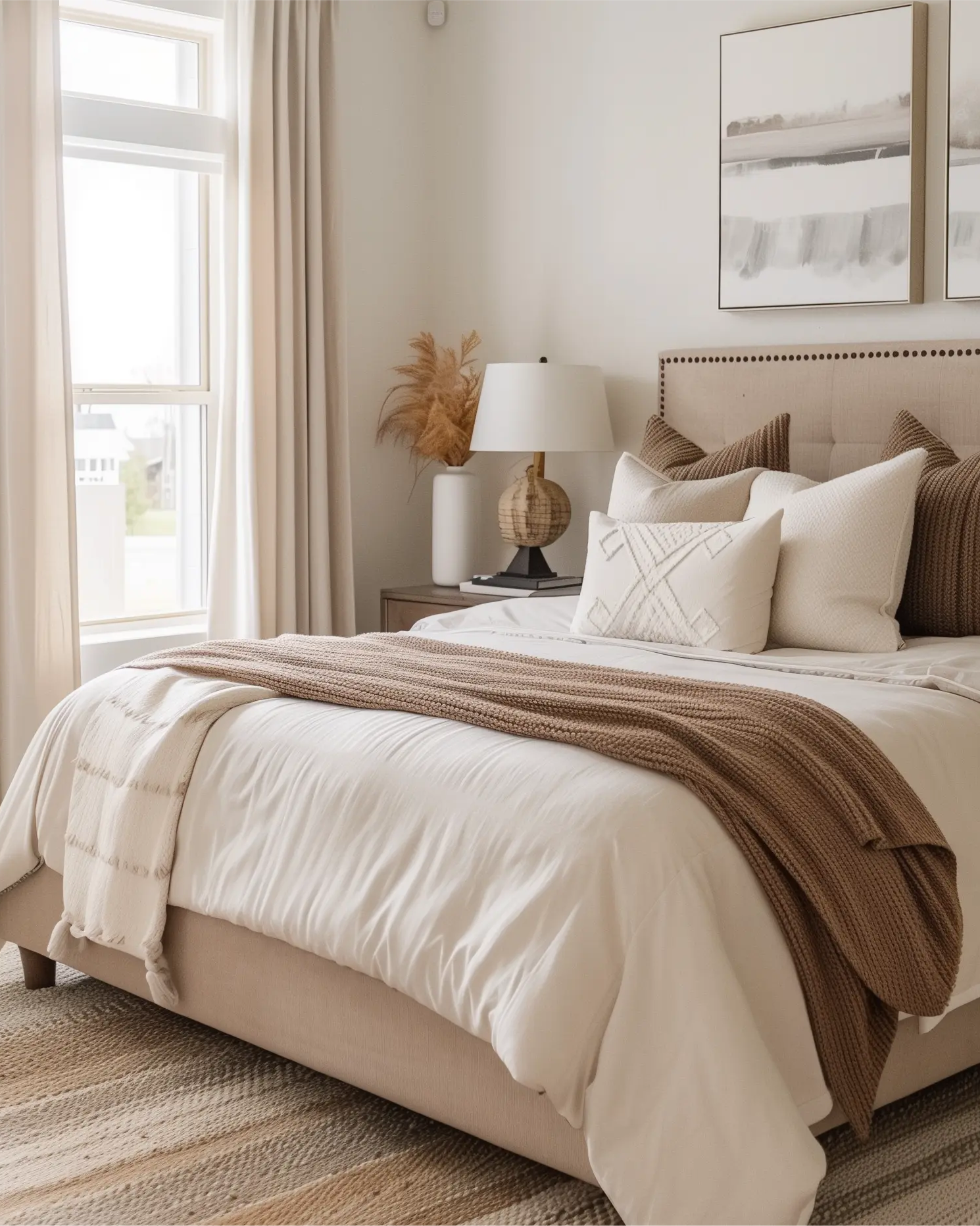 Neutral bedroom with beige curtains, cozy bedding, and warm-toned pillows, featuring natural light from large windows.
