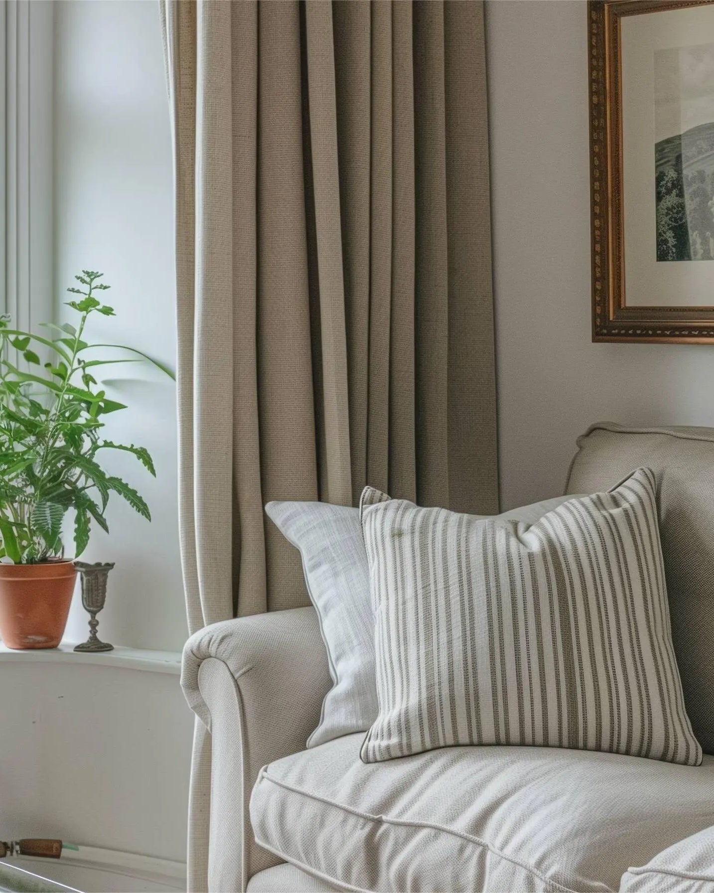 The living room features soft top, linen-colored and polyester pleated curtains hanging on rods.