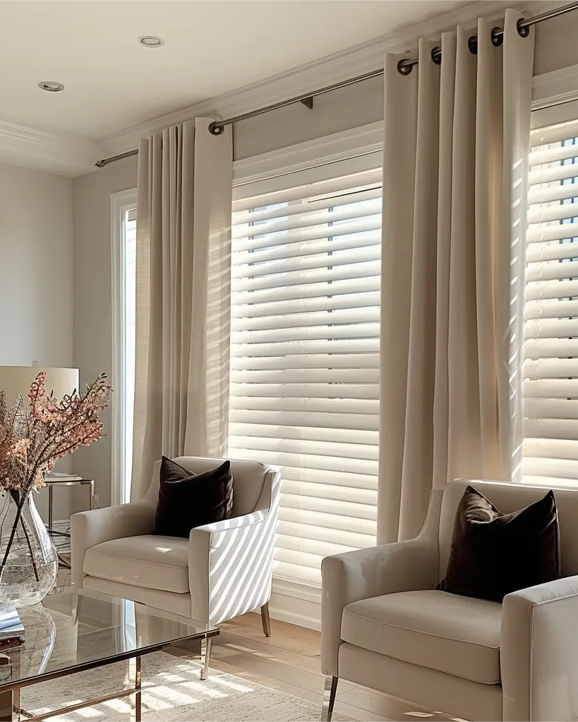 Modern living room with beige curtains, white armchairs, and natural light filtering through window blinds.