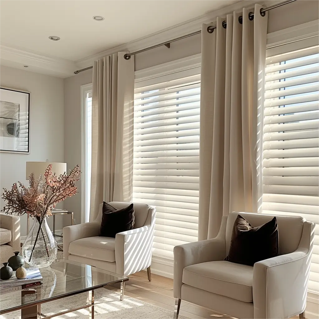 Modern living room with beige curtains, white armchairs, and natural light filtering through window blinds.