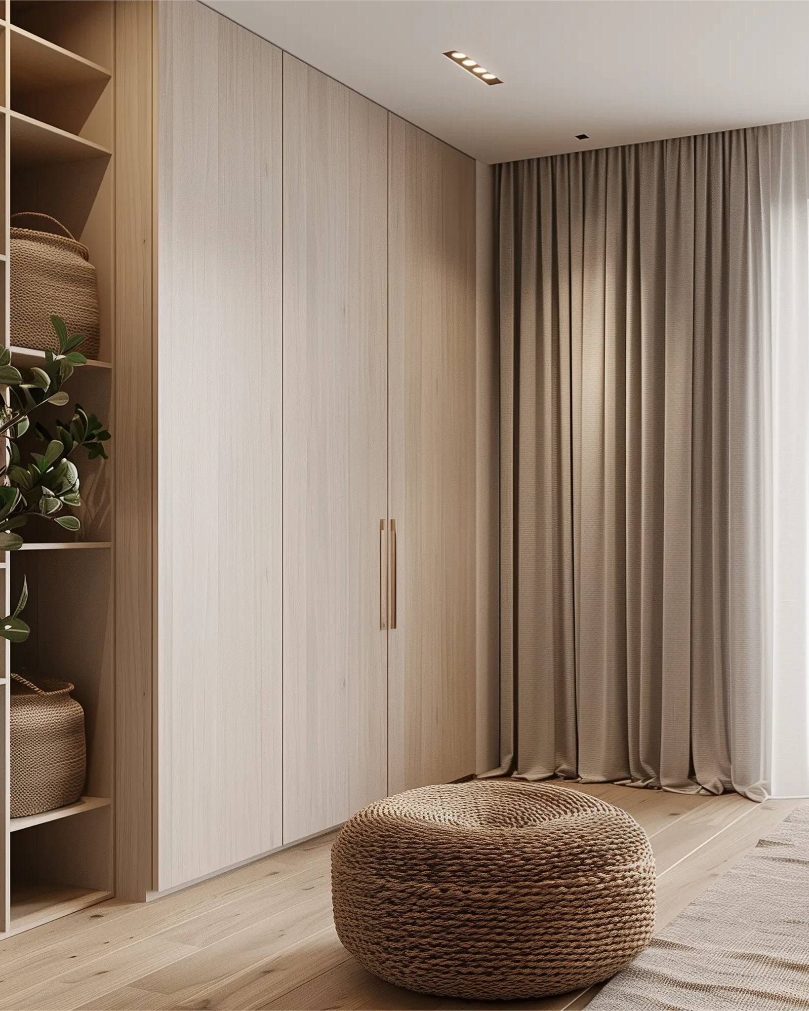The bedroom is adorned with brown linen soft top curtains draped over rods.