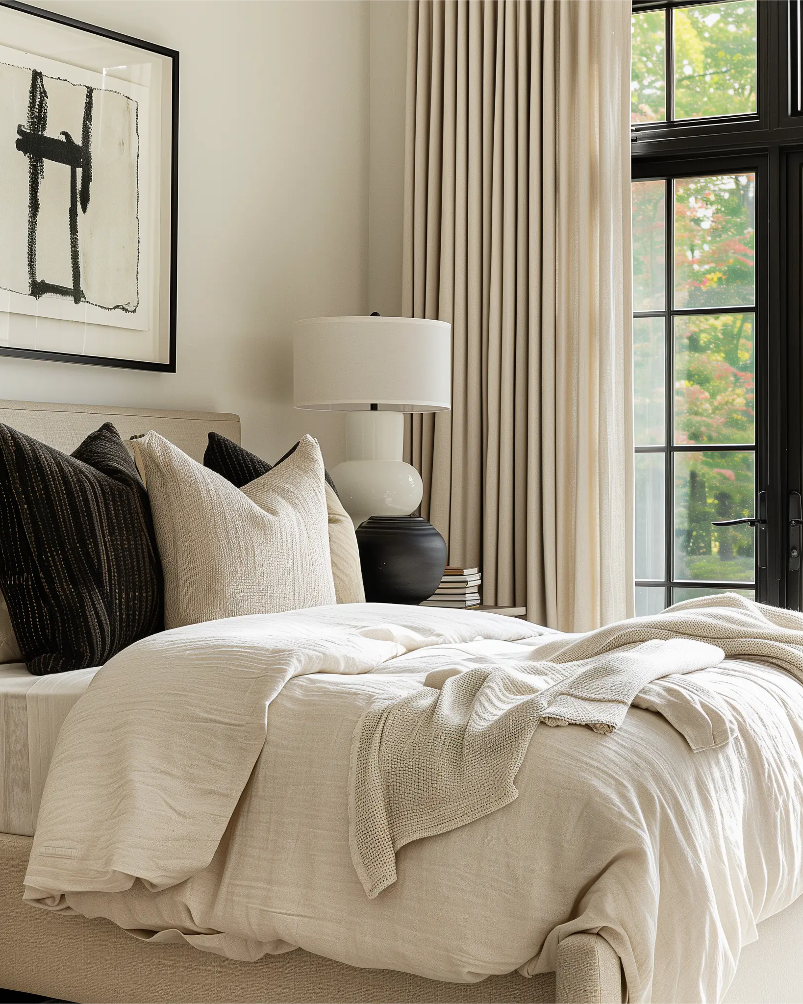 White linen grommet curtains are installed on rods in the living room.