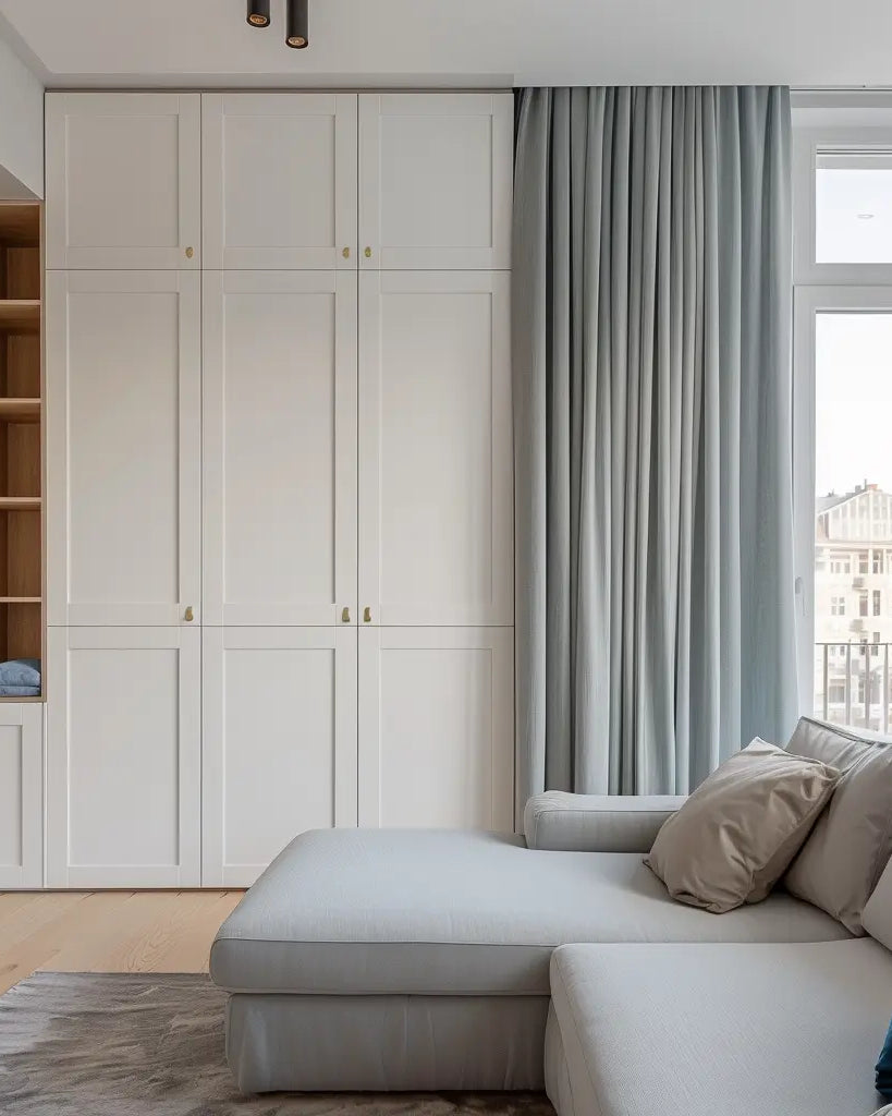 Cozy living room with light blue drapery, white cabinetry, and a comfortable sectional sofa.