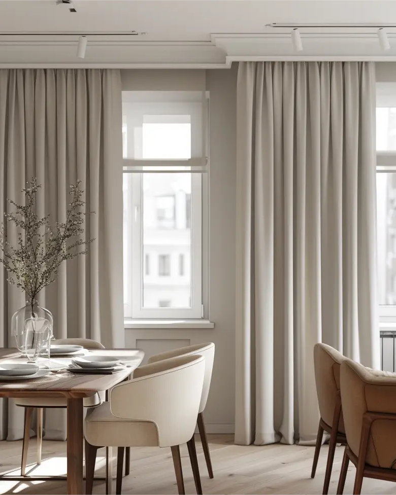 Modern dining room with beige curtains, wooden table, and soft lighting, featuring large windows and neutral decor.