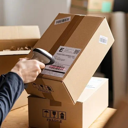 Worker scanning packages for rapid delivery processing in a warehouse