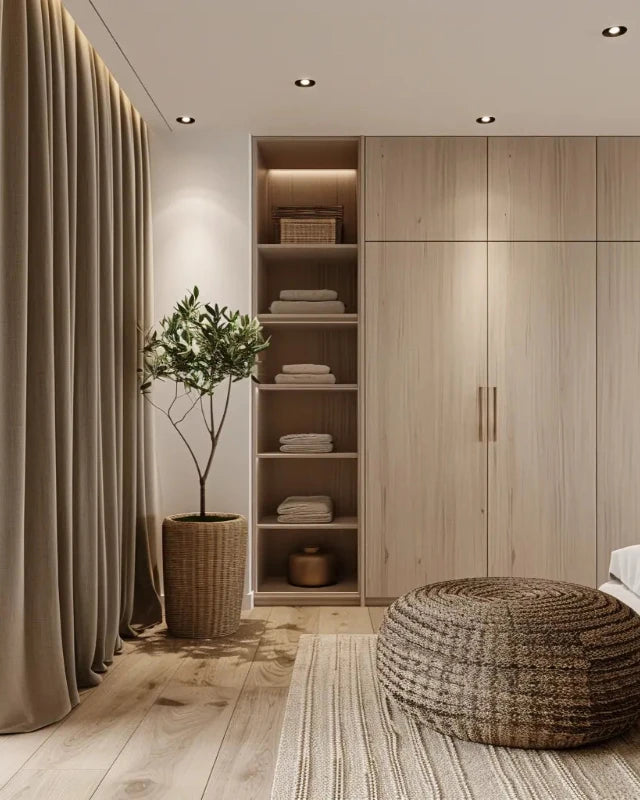 Modern bedroom with beige velvet drapery, wooden cabinetry, and natural decor, creating a warm and inviting atmosphere.