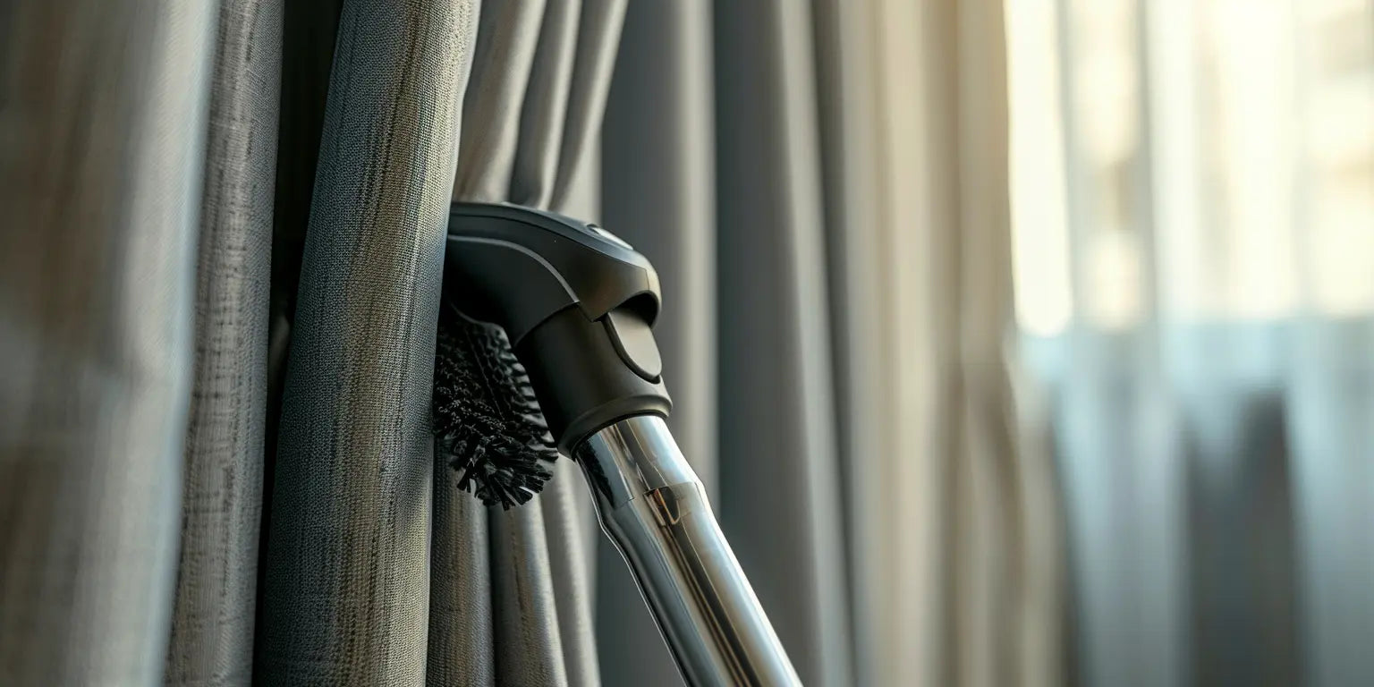 Vacuum cleaner cleaning curtains in the living room