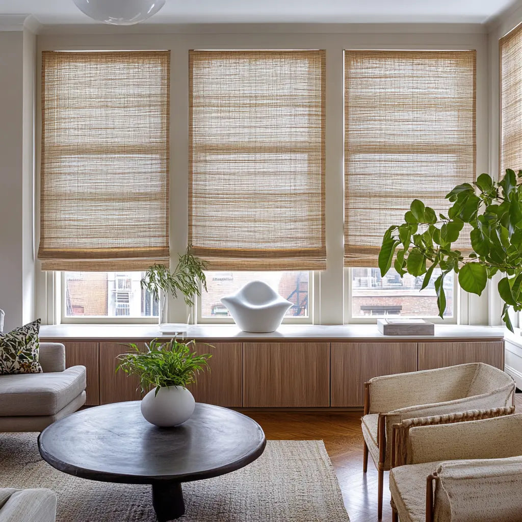 Stylish outside mount bamboo shades enhancing cozy living space