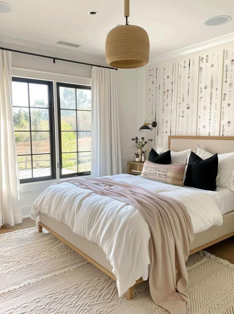 A modern farmhouse style bedroom with black windows and white curtains, with black rops. 