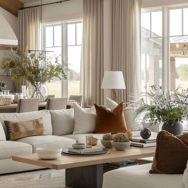 Spacious living room with beige curtains, neutral sectional sofa, and warm-toned accent pillows, featuring large windows.
