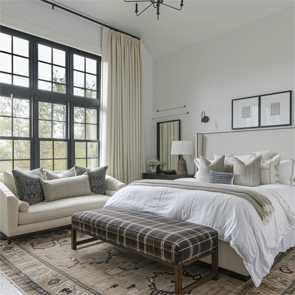 Elegant bedroom with beige curtains, large windows, plaid bench, and neutral bedding in a cozy setting.