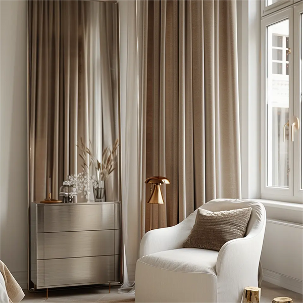 Modern room with beige curtains, a sleek metallic dresser, and a cozy white armchair by the window