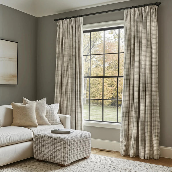 Cozy living room with plaid-patterned beige curtains, a white sofa, and a matching ottoman by large windows.