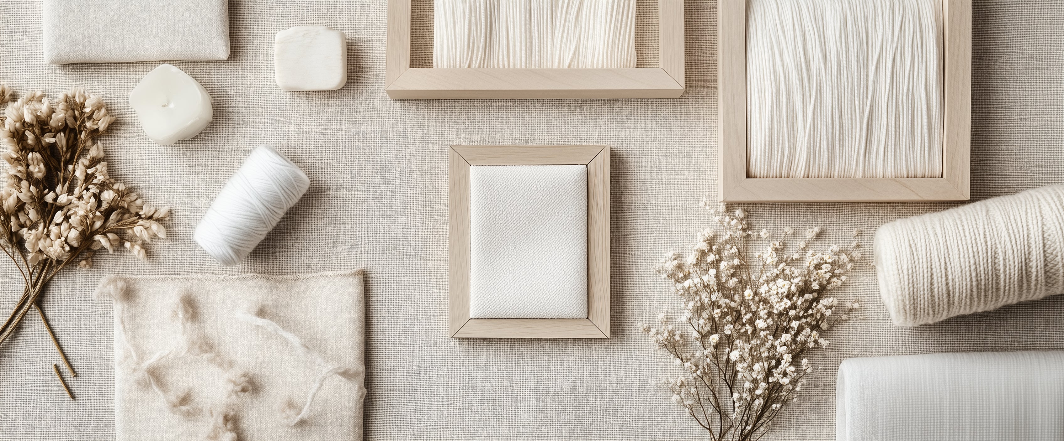 Cotton fabric samples with thread, dried flowers, and wooden frames in a soft, neutral-toned arrangement