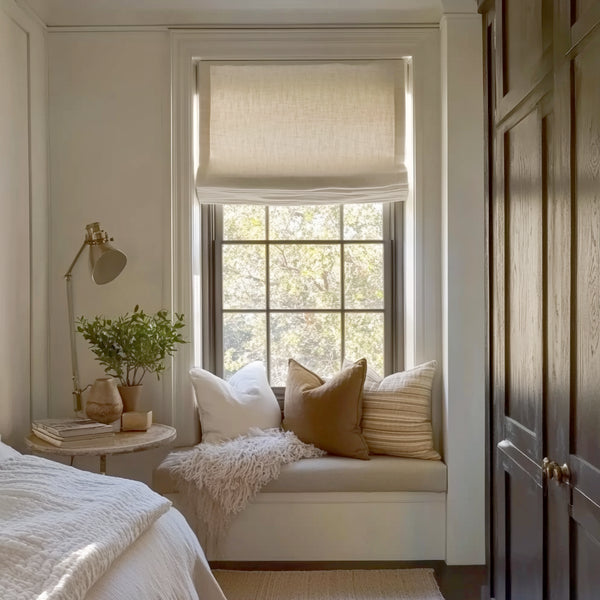 Lena Linen Roman Shades Cordless Wooden Headrail