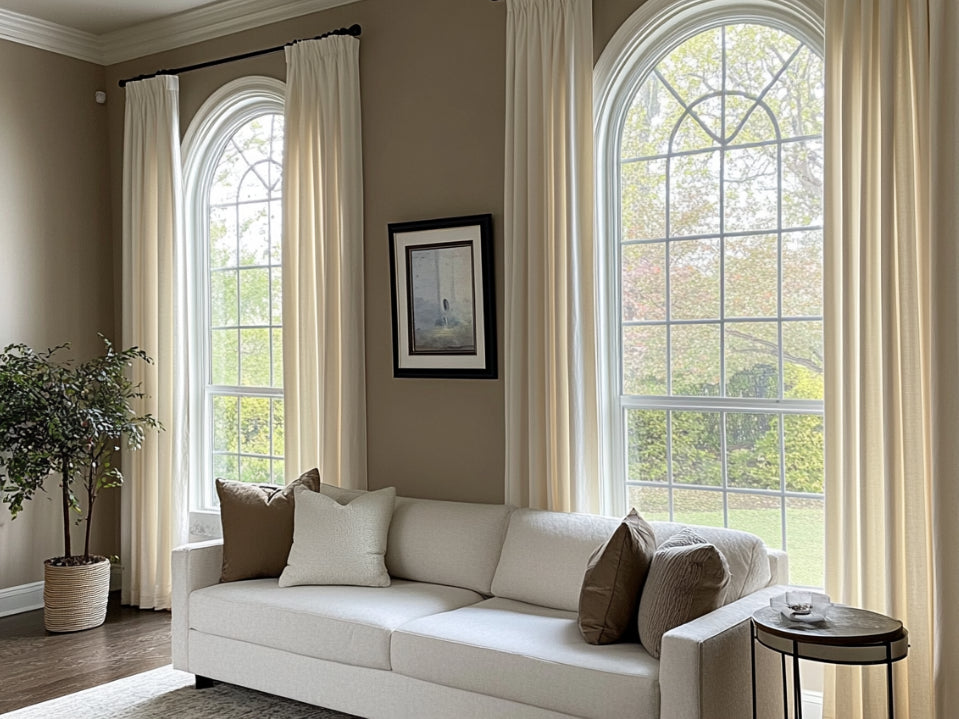 Elegant living room with large arched windows, beige curtains, white sofa, neutral throw pillows, indoor plant, and framed artwork.